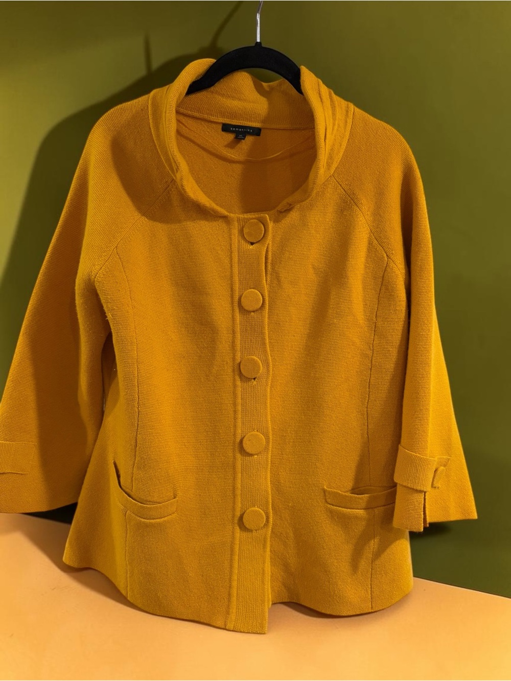 Semantiks Knit Sweater Jacket XL Mustard Gold Button Front Funnel Collar